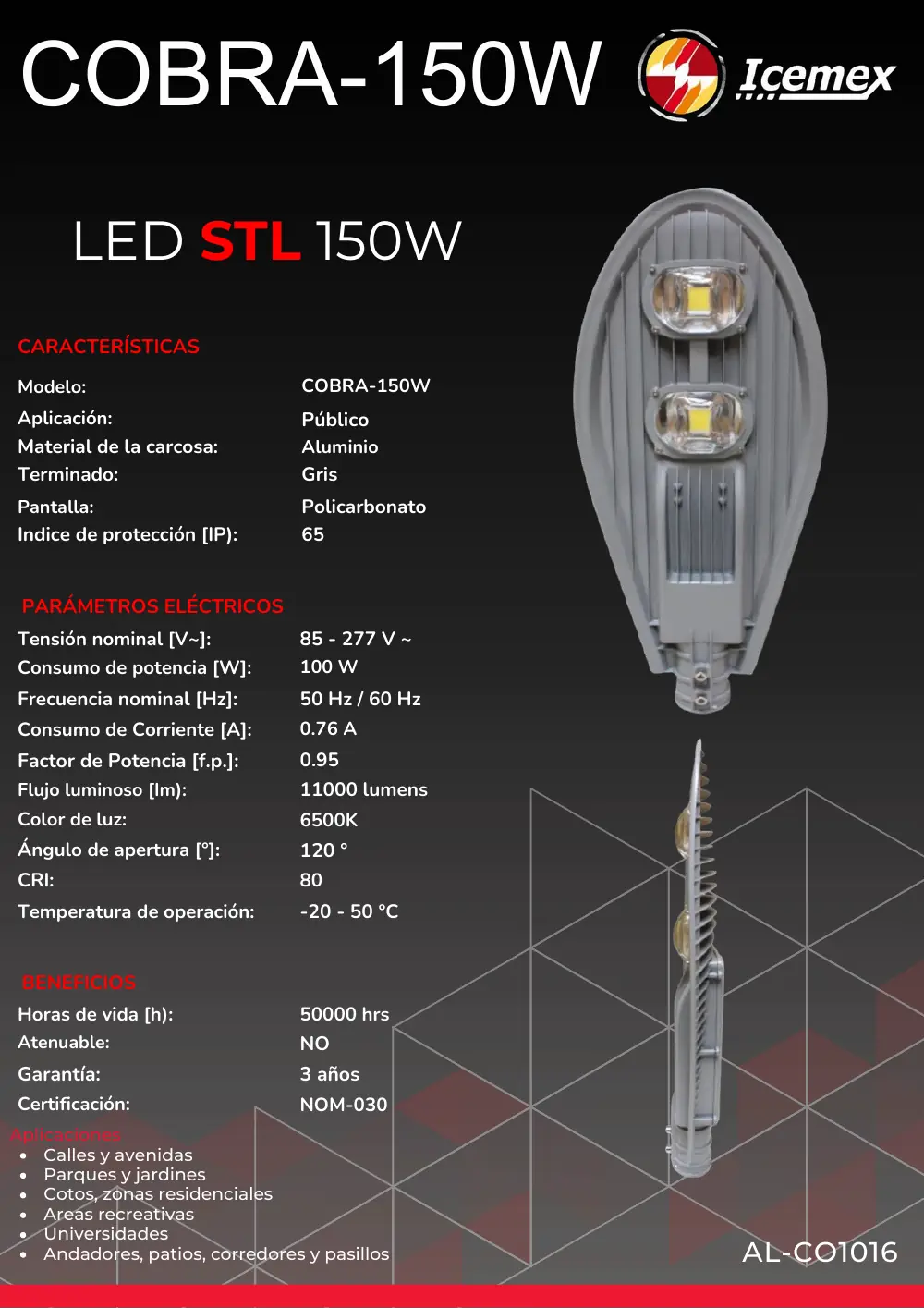Ficha técnica de Cobra 150W (AL-CO1016), Catálogo ICEMEX 2026