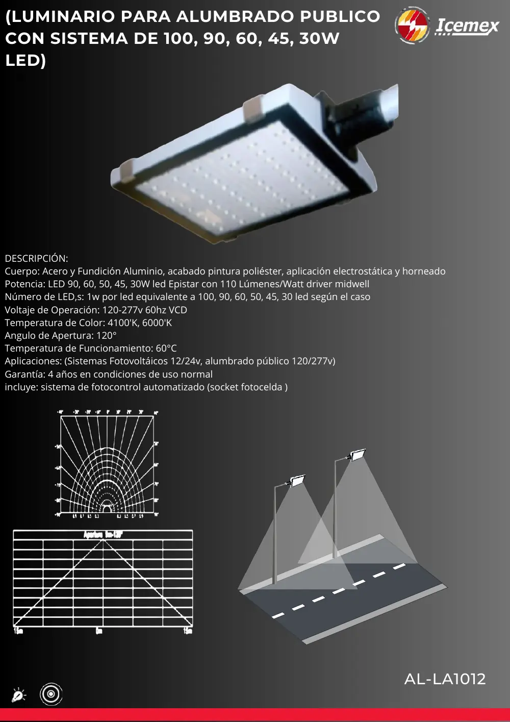 Ficha técnica de Luminaria LED Epistar 30-90W (AL-LA1012), Catálogo ICEMEX 2026