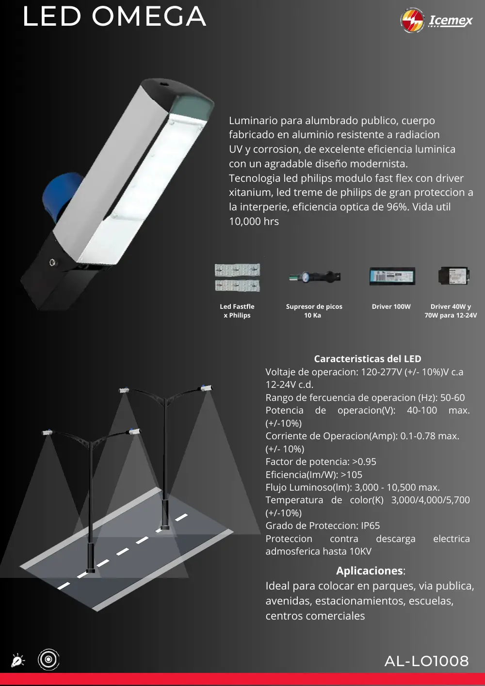 Ficha técnica de LED Omega (AL-LO1008), Catálogo ICEMEX 2026