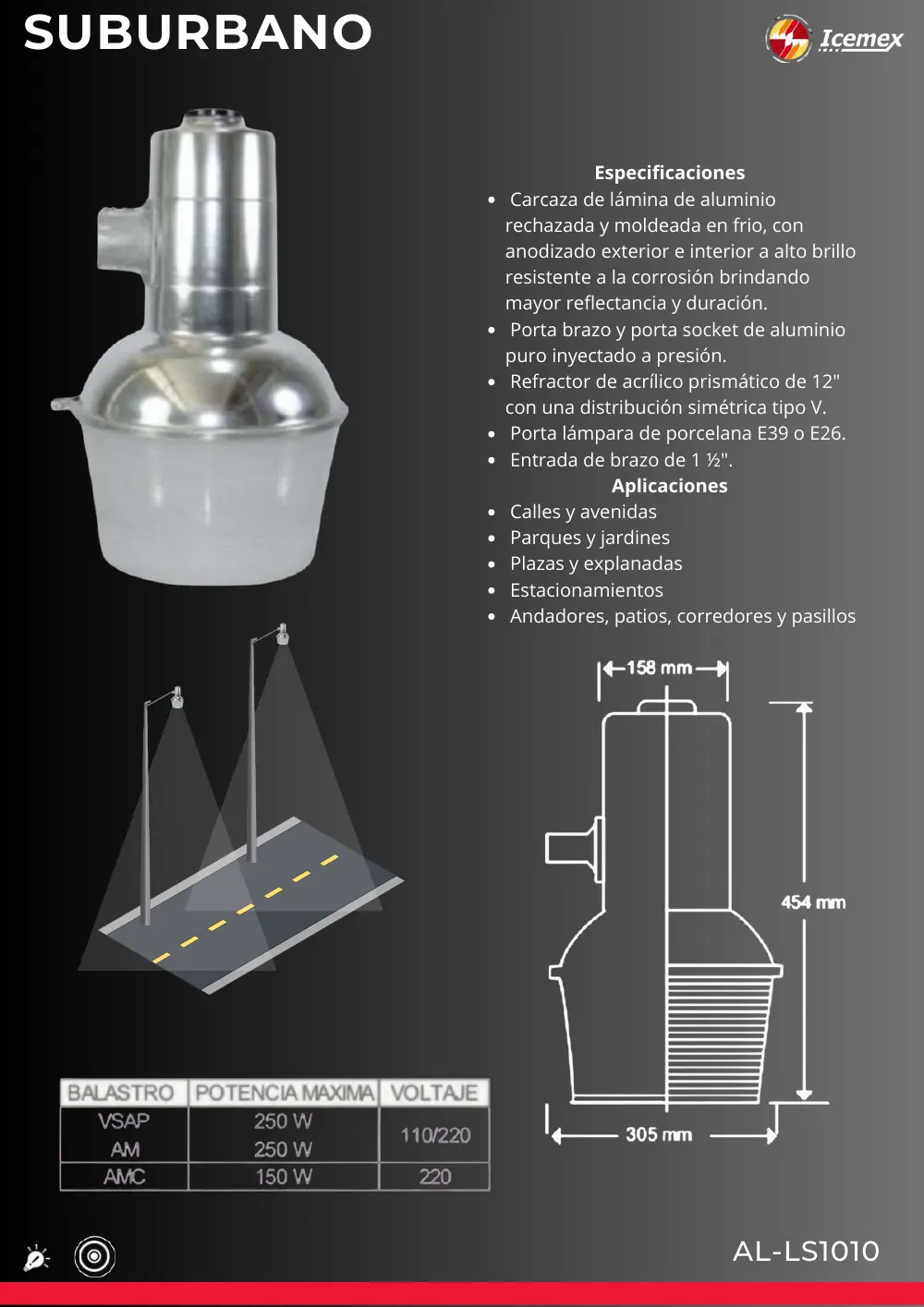 Ficha técnica de Luminaria Suburbana (AL-LS1010), Catálogo ICEMEX 2026