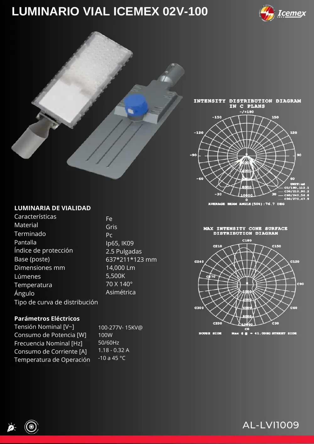 Ficha técnica de Luminario Vial ICEMEX 02V-100 (AL-LVI1009), Catálogo ICEMEX 2026