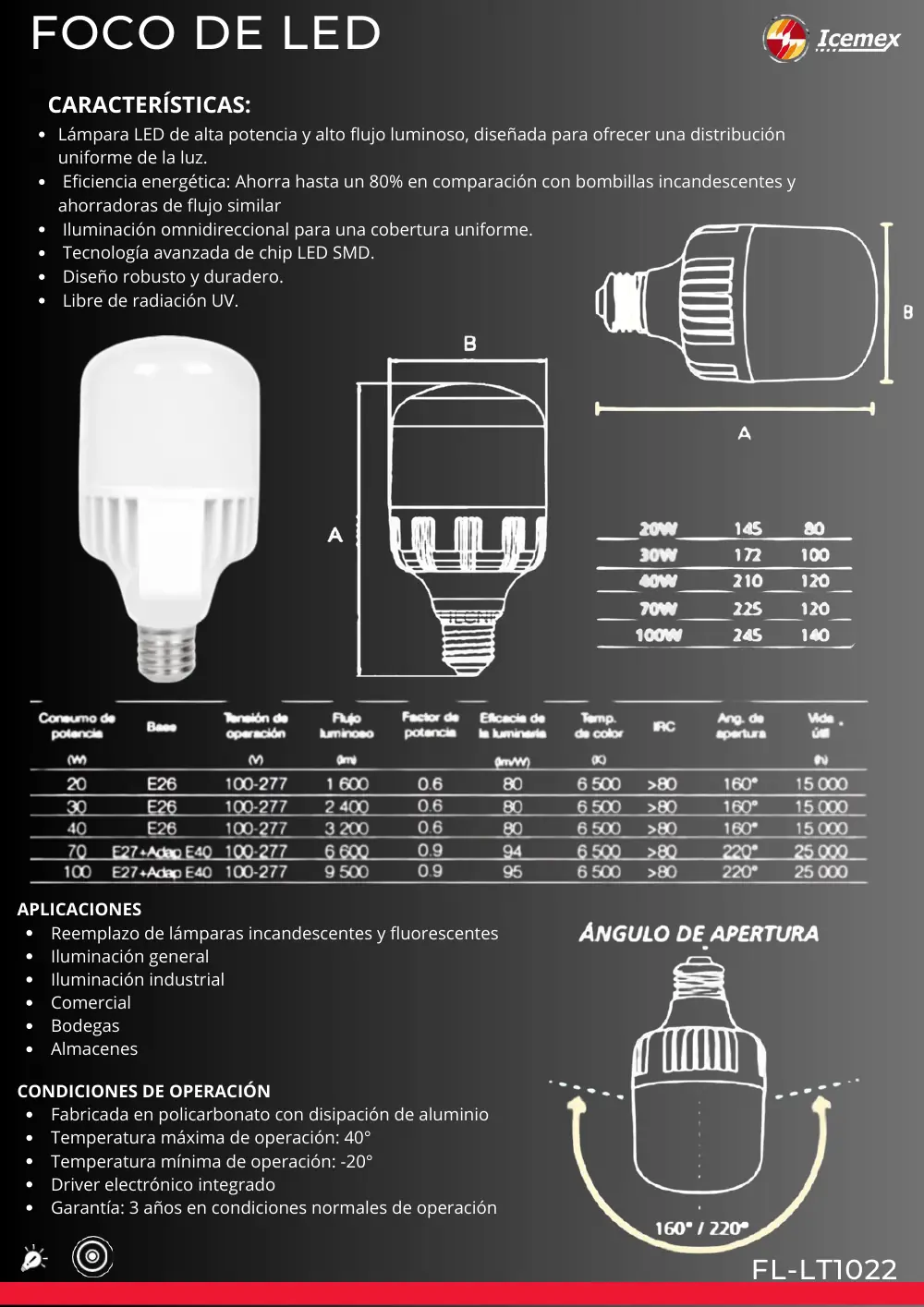 Ficha técnica de Foco de LED (FL-LT1022), Catálogo ICEMEX 2026