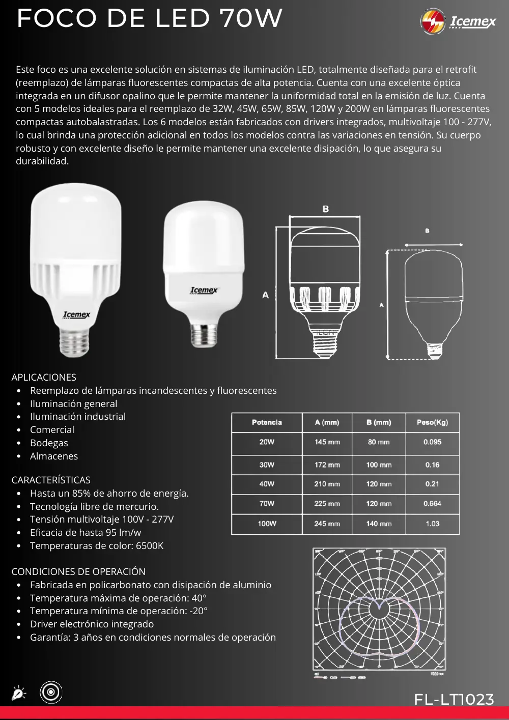 Ficha técnica de Foco de LED 70W (FL-LT1023), Catálogo ICEMEX 2026