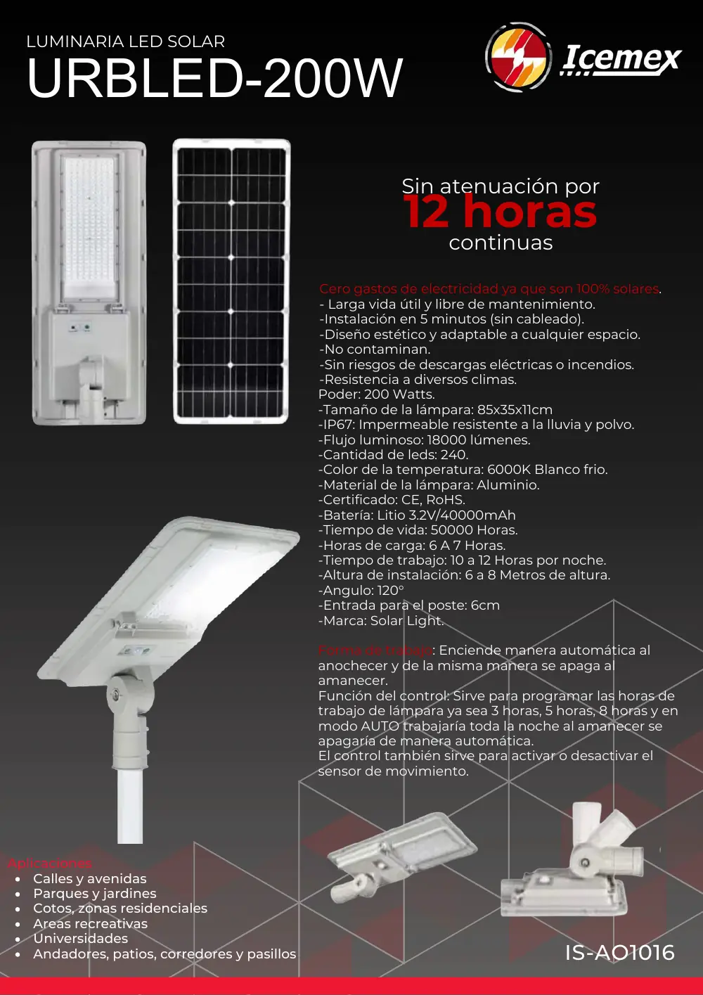 Ficha técnica de URBLED 200W Solar (IS-AO1016), Catálogo ICEMEX 2026