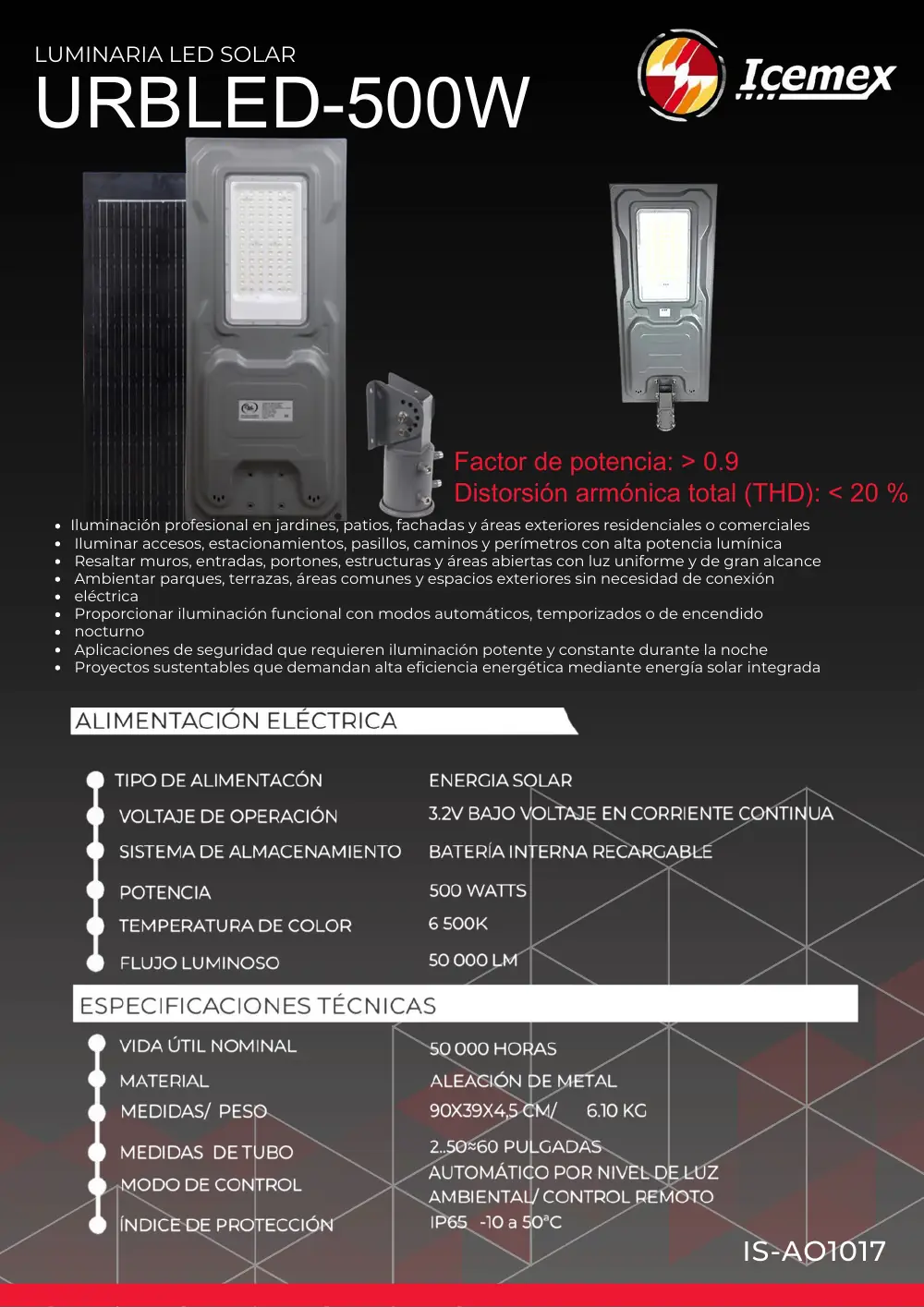 Ficha técnica de URBLED 500W Solar (IS-AO1017), Catálogo ICEMEX 2026