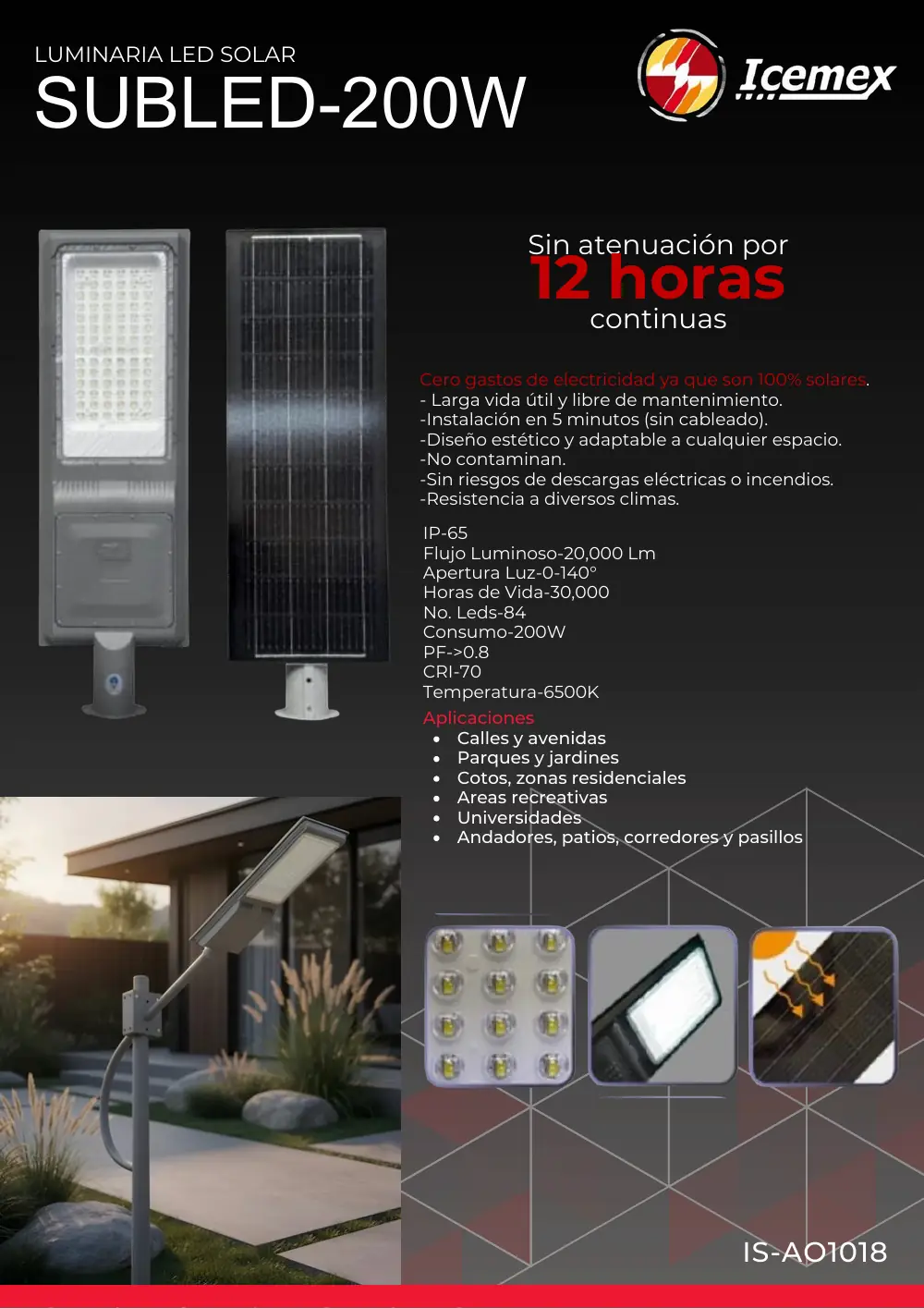 Ficha técnica de SUBLED 200W Solar (IS-AO1018), Catálogo ICEMEX 2026