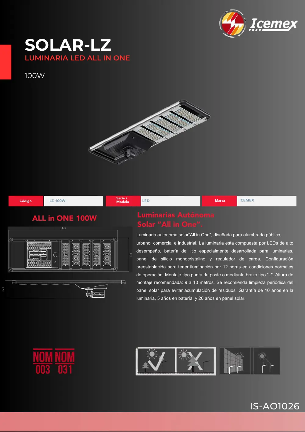 Ficha técnica de All in One 100W (IS-AO1026), Catálogo ICEMEX 2026