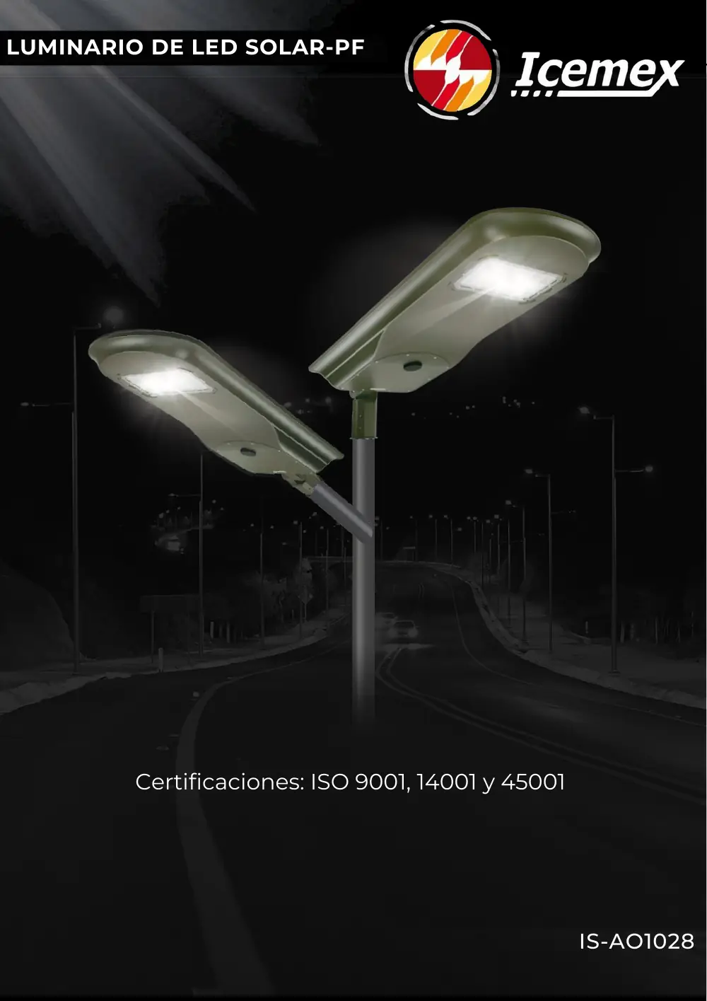 Ficha técnica de Luminaria Solar PF 50W (IS-AO1028), Catálogo ICEMEX 2026
