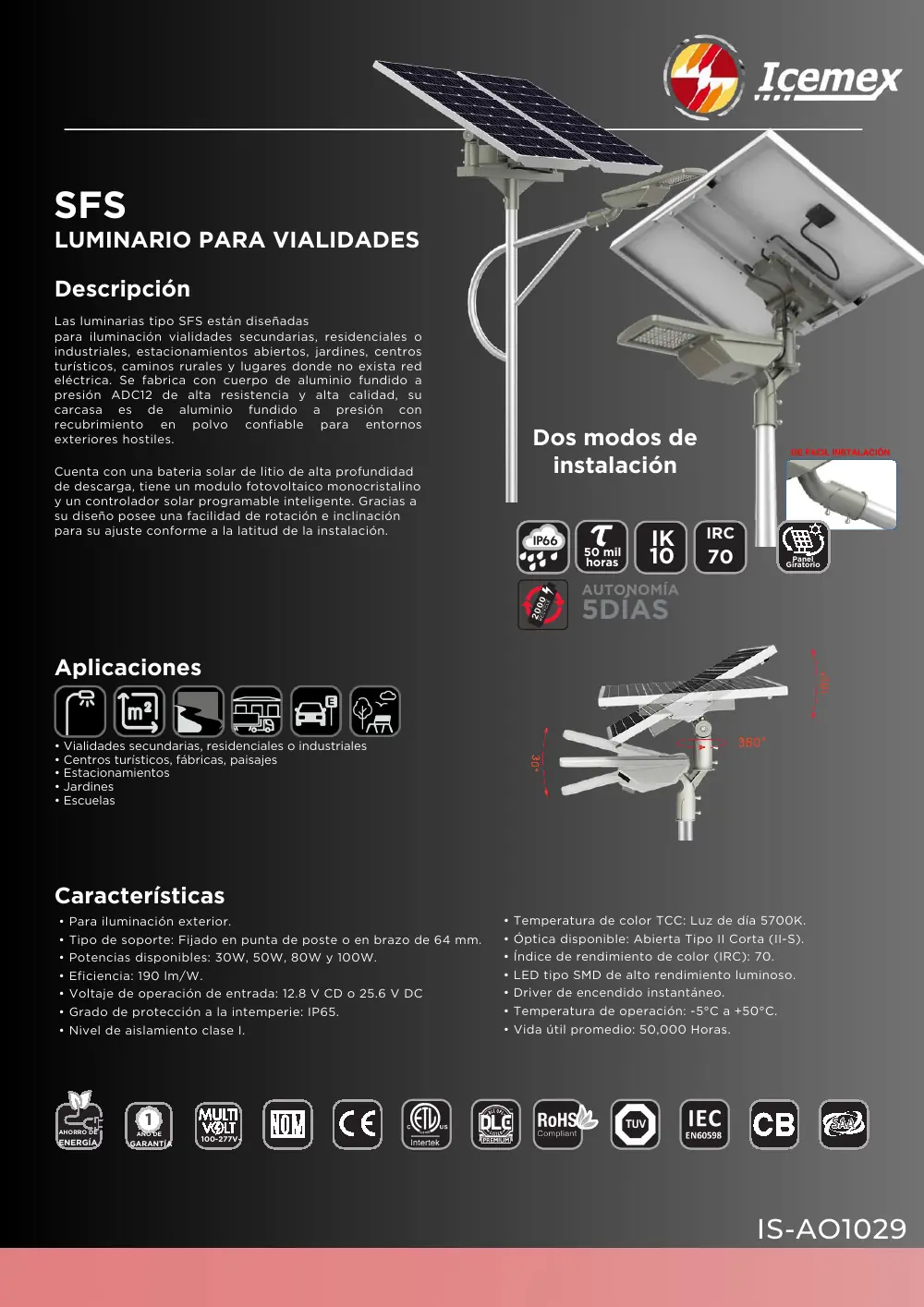 Ficha técnica de Luminaria Solar SFS (IS-AO1029), Catálogo ICEMEX 2026