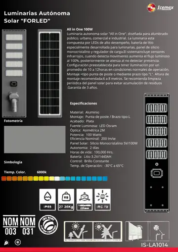 Ficha técnica de FORLED 100W (IS-LA1014), Catálogo ICEMEX 2026