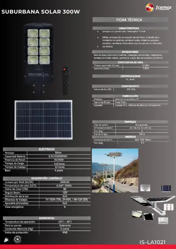 Ficha técnica de Suburbana Solar 300W (IS-LA1021), Catálogo ICEMEX 2026