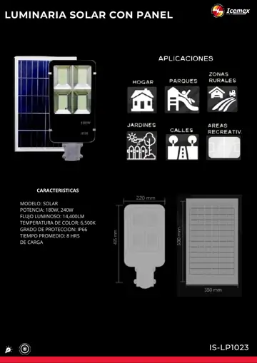 Ficha técnica de Luminaria Solar con Panel 180W-240W (IS-LP1023), Catálogo ICEMEX 2026