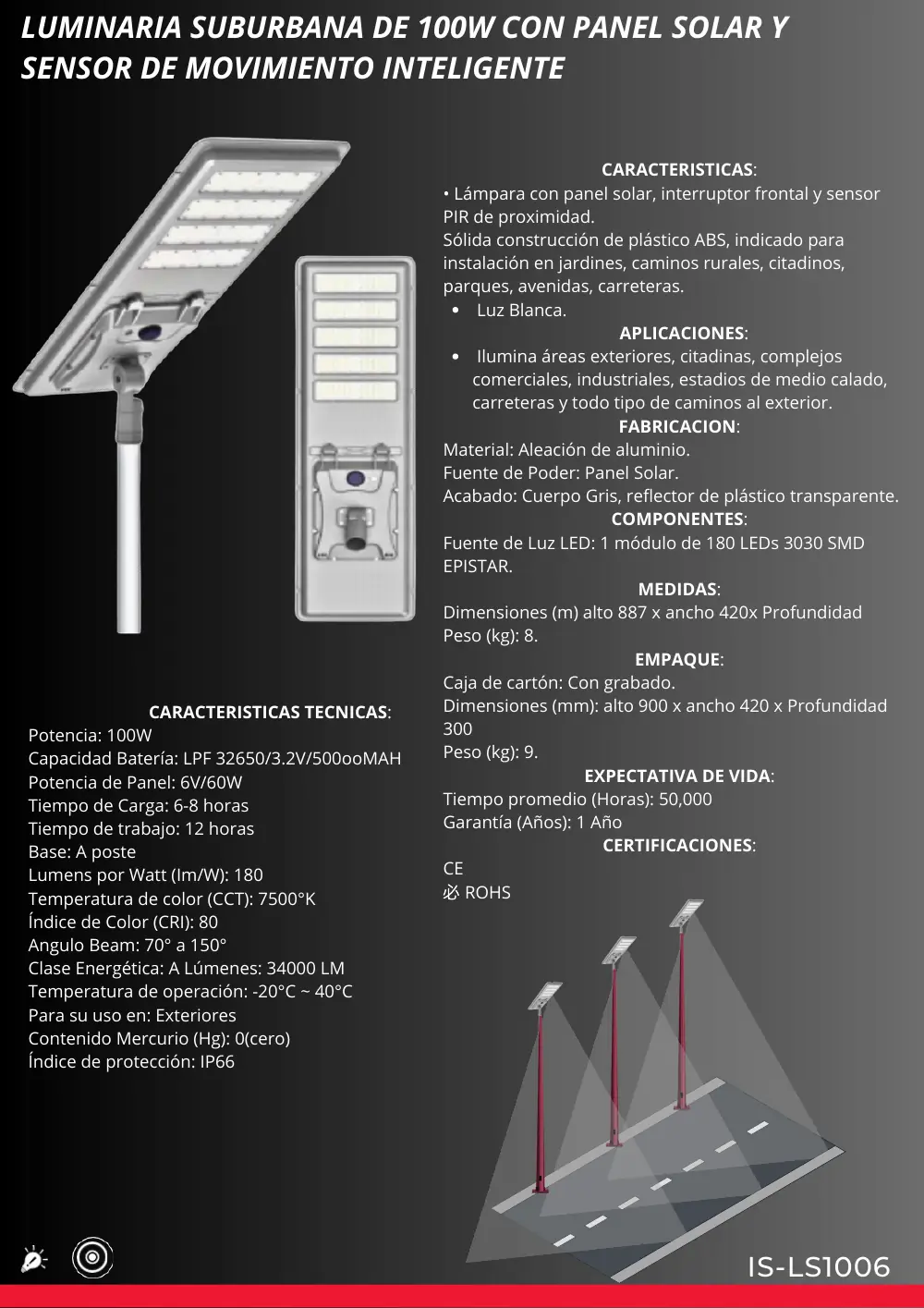 Ficha técnica de Lámpara Solar con Sensor PIR (IS-LS1006), Catálogo ICEMEX 2026