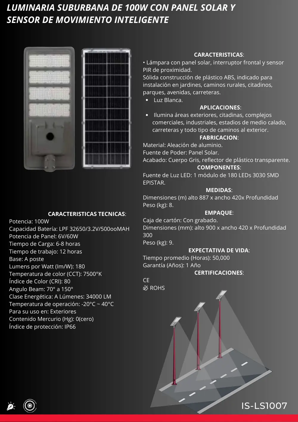 Ficha técnica de Lámpara Solar con Sensor PIR II (IS-LS1007), Catálogo ICEMEX 2026