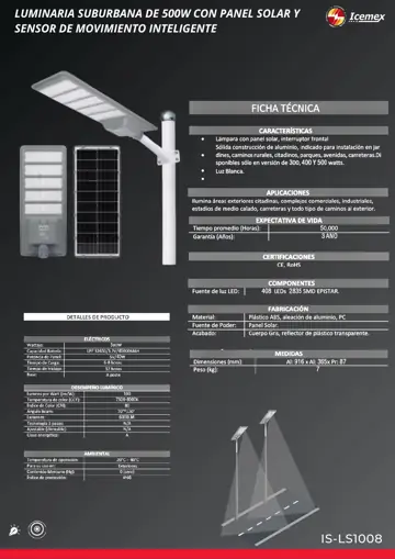 Ficha técnica de Suburbana 500W con Panel Solar y Sensor (IS-LS1008), Catálogo ICEMEX 2026