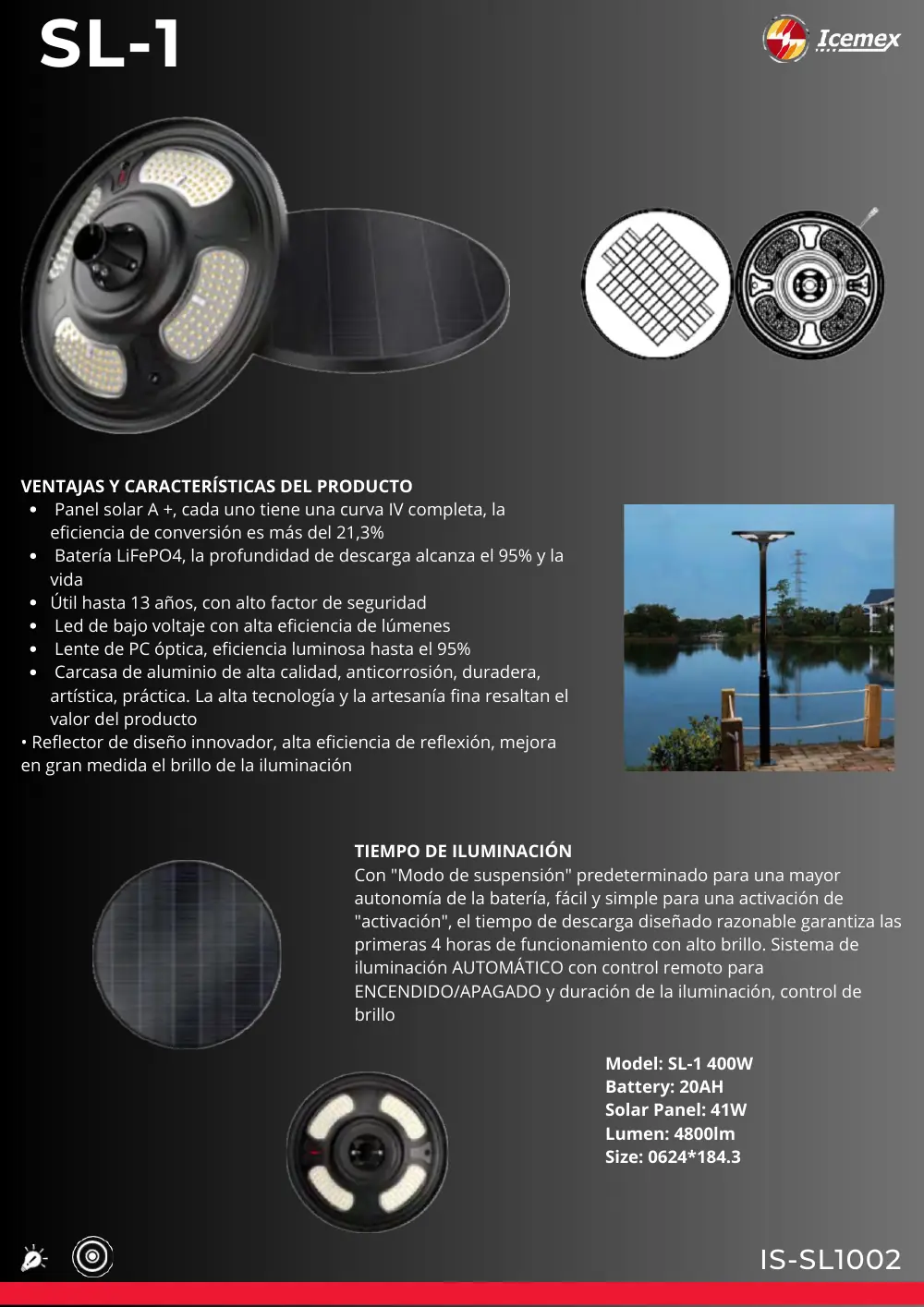Ficha técnica de Luminaria Solar SL-1 (IS-SL1002), Catálogo ICEMEX 2026