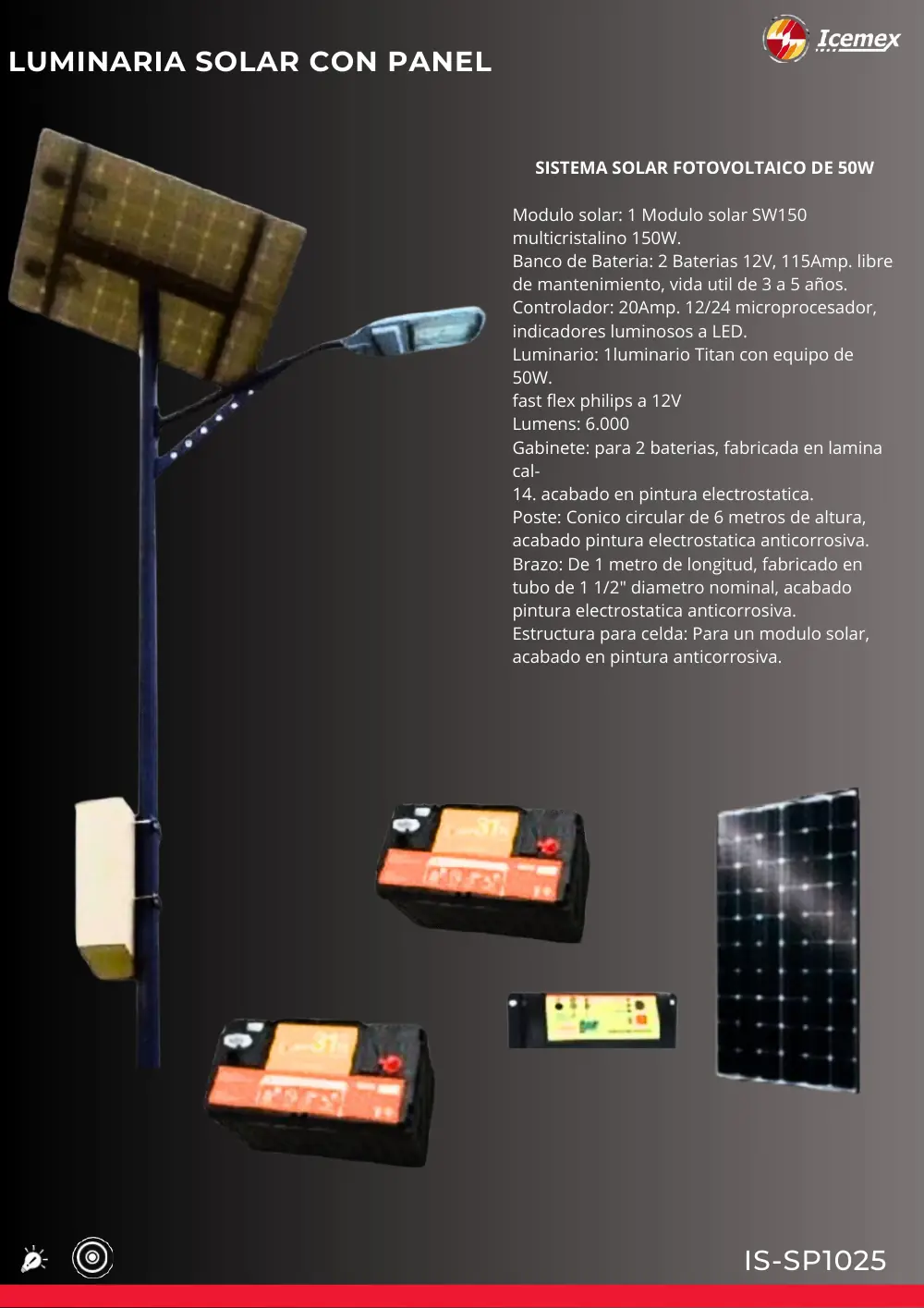 Ficha técnica de Sistema Solar Fotovoltaico 50W Titan (IS-SP1025), Catálogo ICEMEX 2026