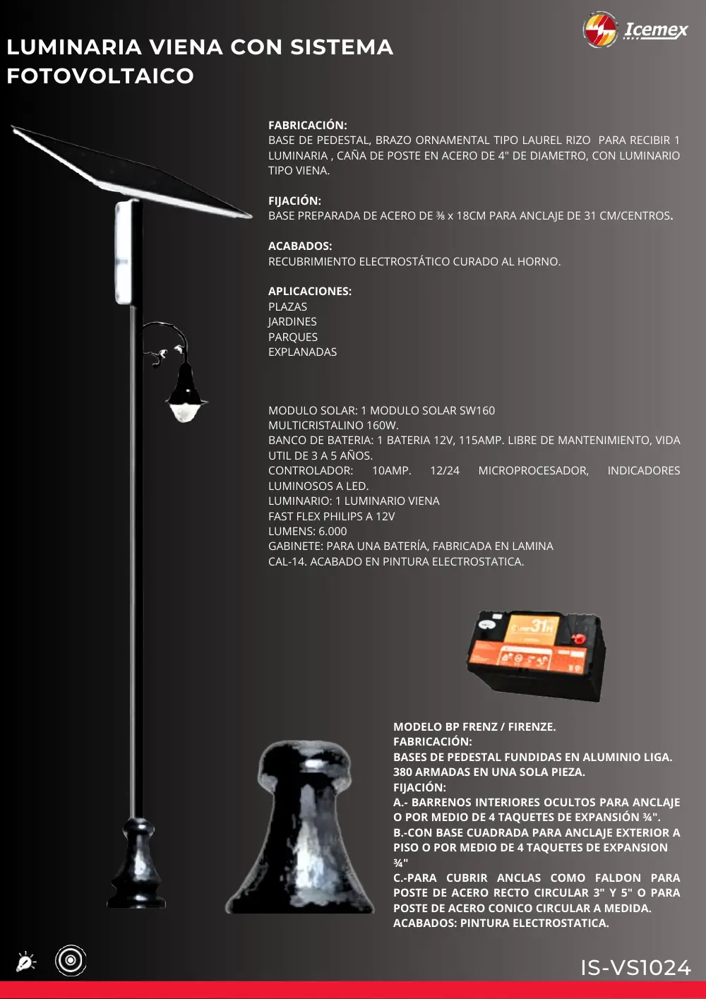 Ficha técnica de Luminaria Viena con Sistema Fotovoltaico (IS-VS1024), Catálogo ICEMEX 2026