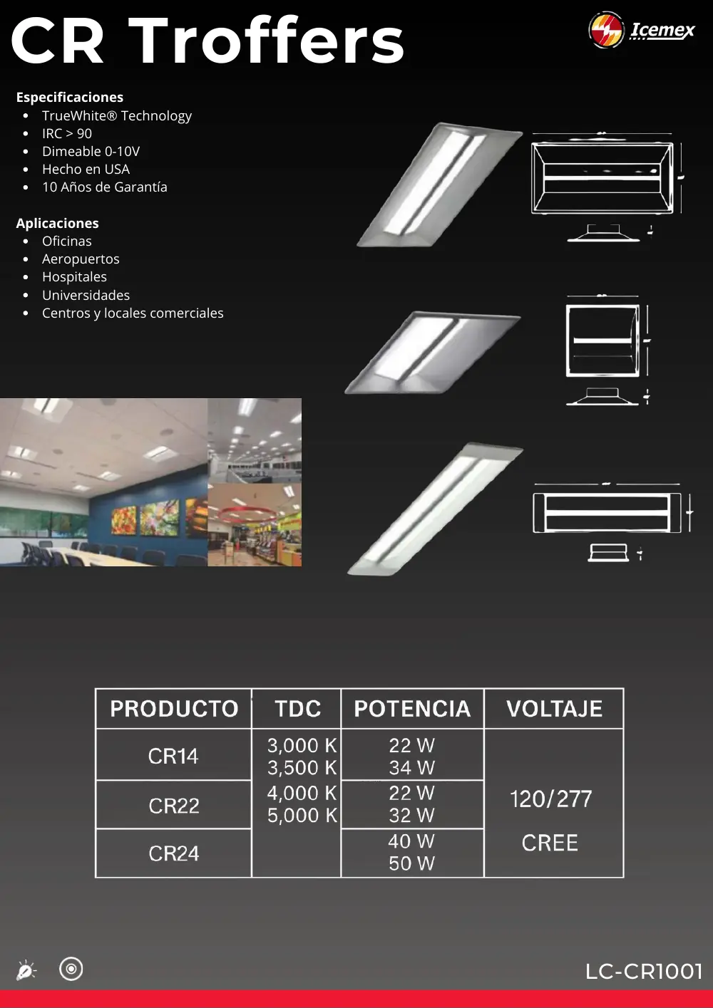 Ficha técnica de CR Troffers (LC-CR1001), Catálogo ICEMEX 2026