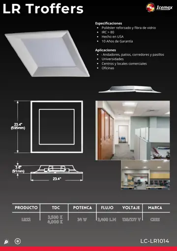 Ficha técnica de LR Troffers (LC-LR1014), Catálogo ICEMEX 2026
