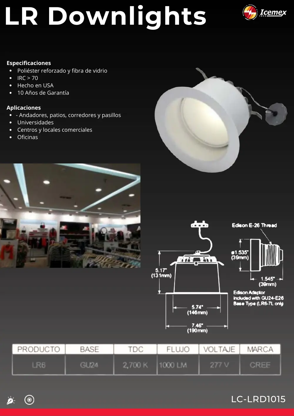 Ficha técnica de LR Downlights (LC-LRD1015), Catálogo ICEMEX 2026