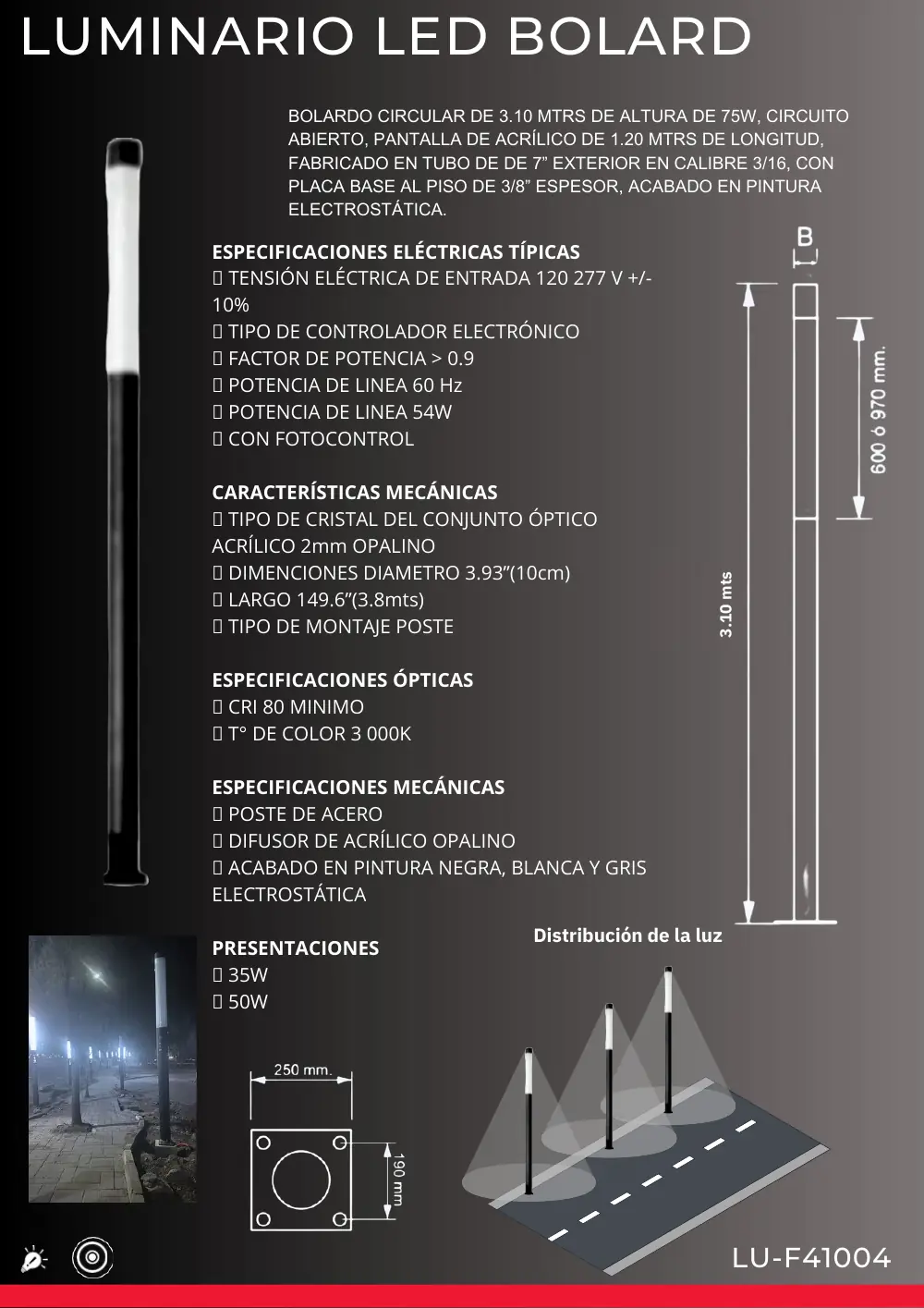 Ficha técnica de Luminario LED Bolard Circular 75W (LU-F4100), Catálogo ICEMEX 2026