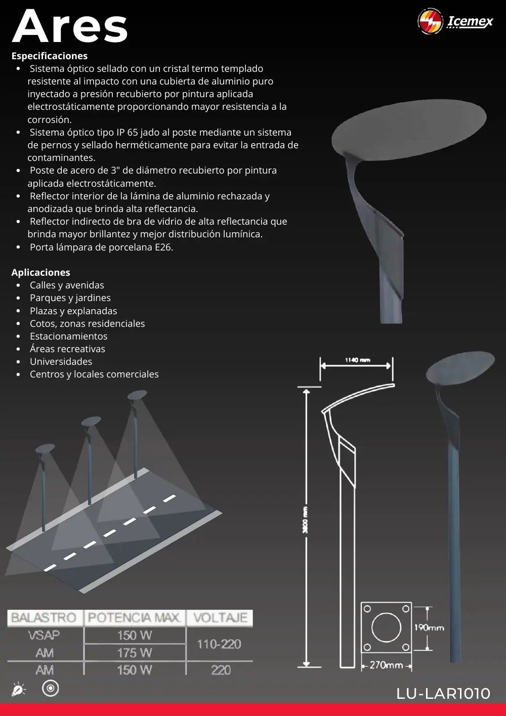 Ficha técnica de Ares (LU-LAR1010), Catálogo ICEMEX 2026