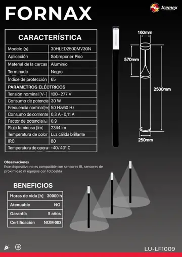 Ficha técnica de Fornax (LU-LF1009), Catálogo ICEMEX 2026