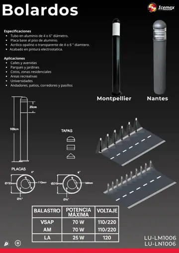 Ficha técnica de Bolardo Montpellier (LU-LM1006), Catálogo ICEMEX 2026