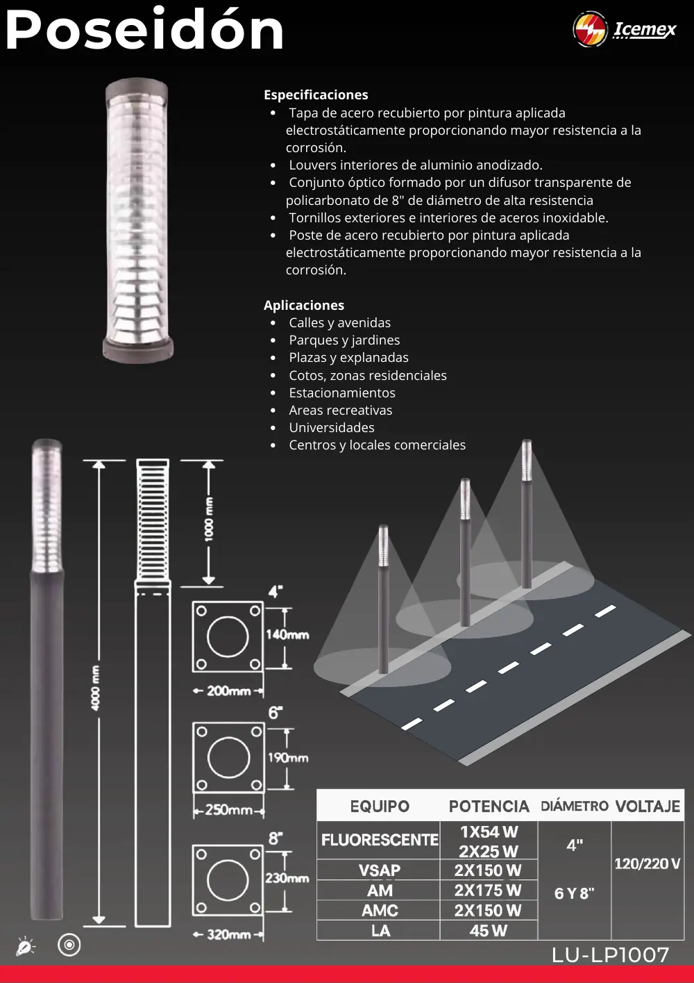 Ficha técnica de Bolardo Urbano (LU-LP1007), Catálogo ICEMEX 2026