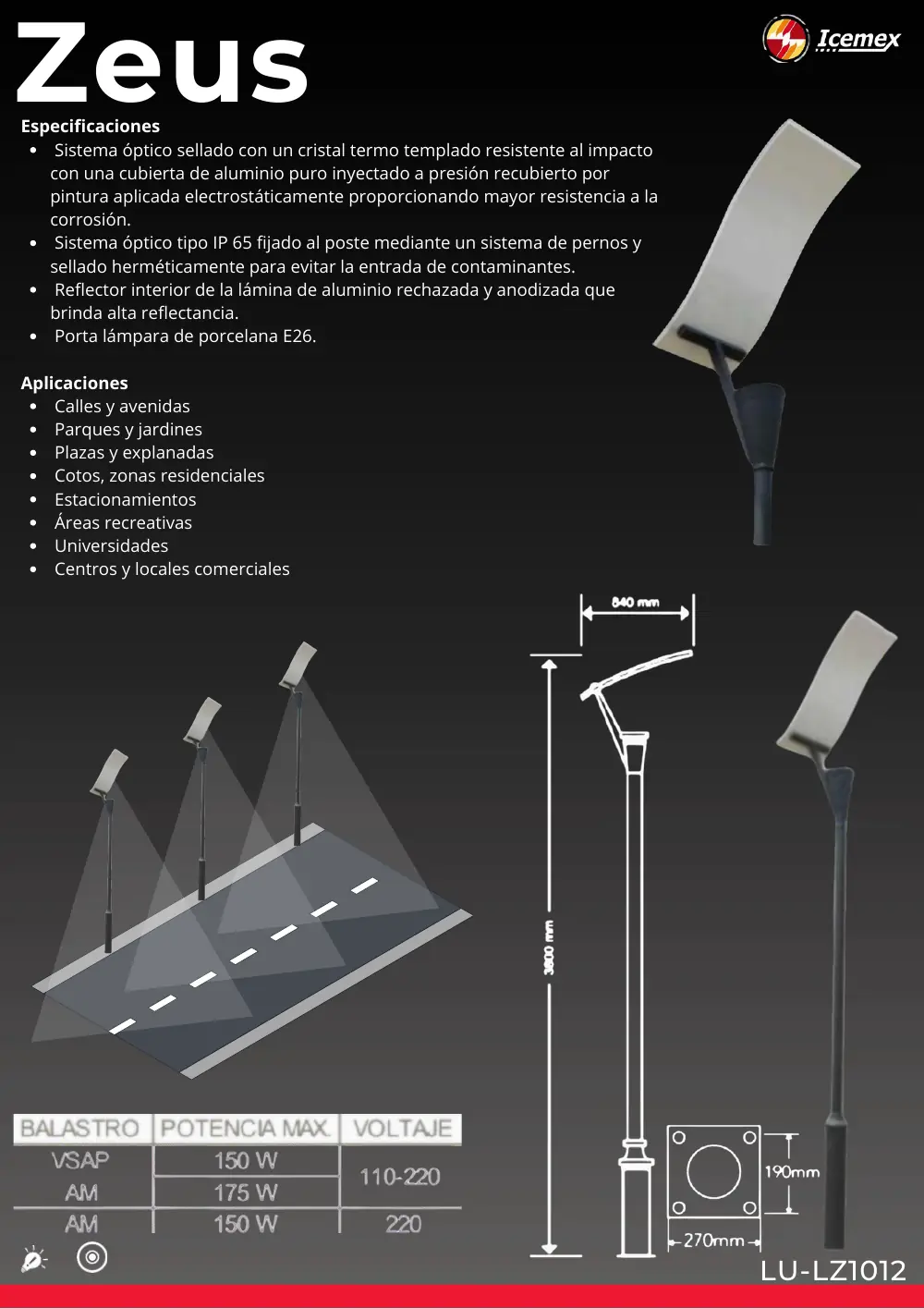 Ficha técnica de Zeus (LU-LZ1012), Catálogo ICEMEX 2026