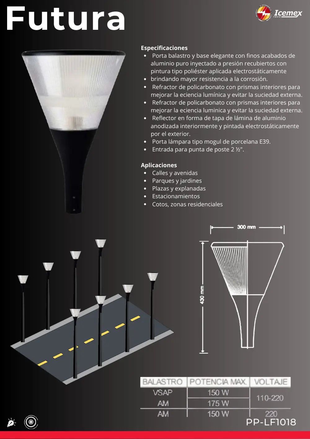 Ficha técnica de Futura (PP-LF1018), Catálogo ICEMEX 2026