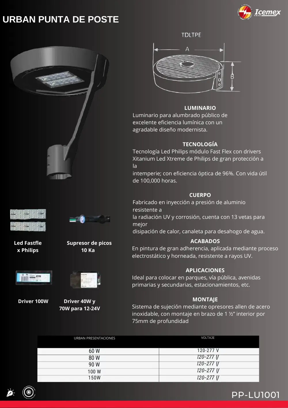 Ficha técnica de Urban Punta de Poste (PP-LU1001), Catálogo ICEMEX 2026