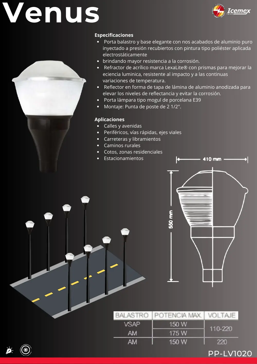 Ficha técnica de Venus (PP-LV1020), Catálogo ICEMEX 2026