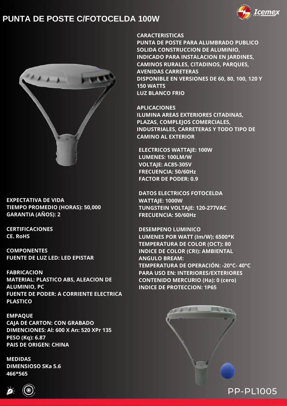 Ficha técnica de Punta de Poste con Fotocelda 100W (PP-PL1005), Catálogo ICEMEX 2026