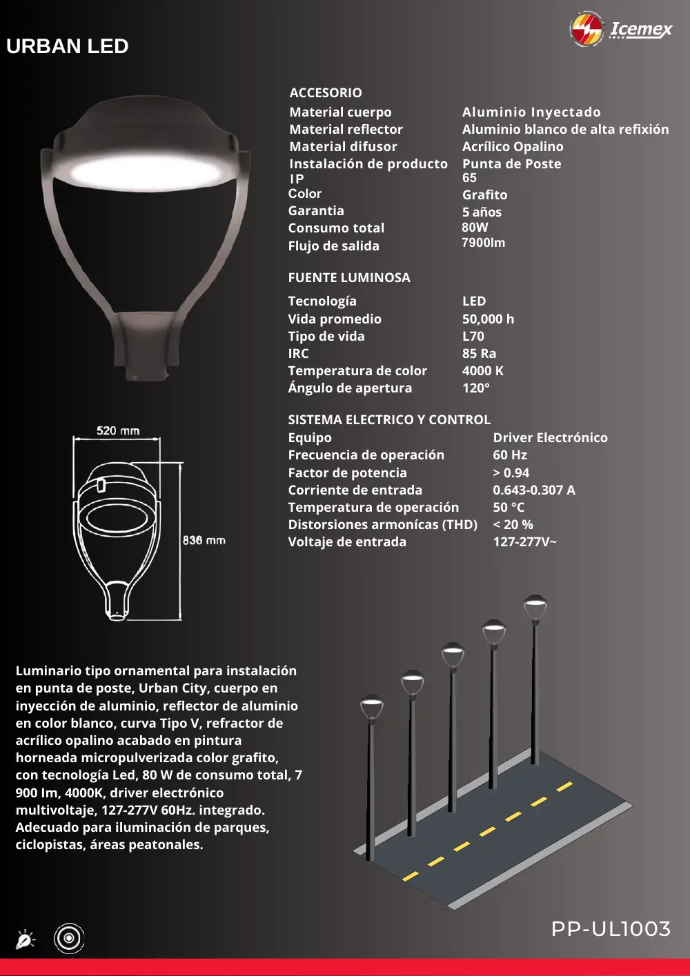 Ficha técnica de Urban LED Punta de Poste (PP-UL1003), Catálogo ICEMEX 2026