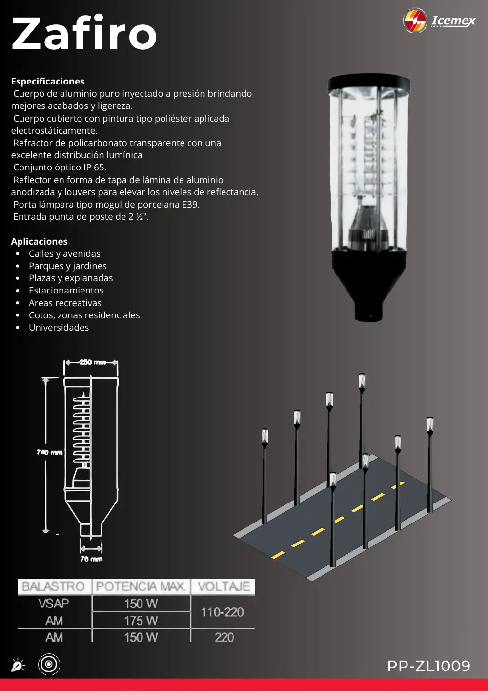 Ficha técnica de Zafiro (PP-ZL1009), Catálogo ICEMEX 2026