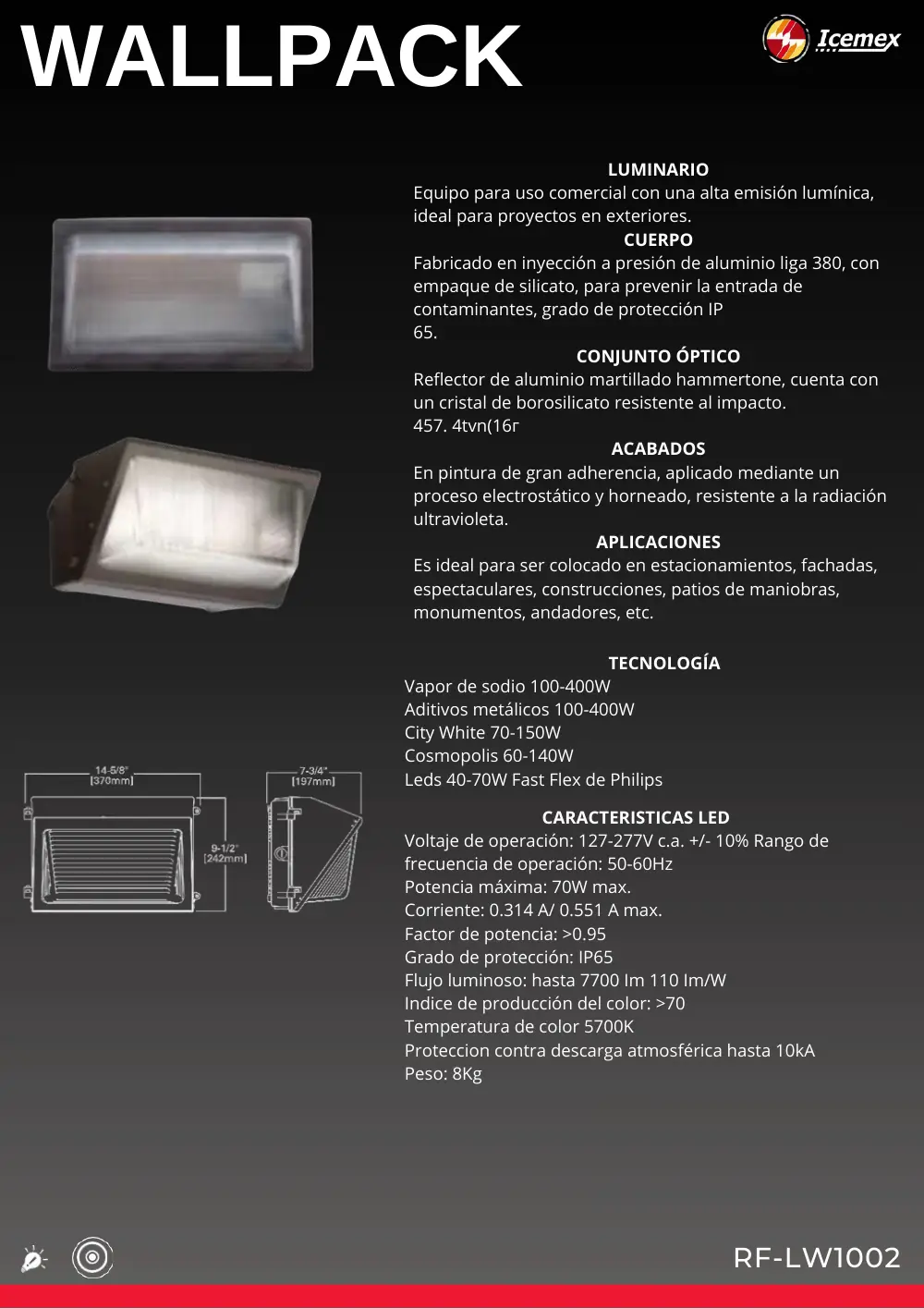 Ficha técnica de Wallpack (RF-LW1002), Catálogo ICEMEX 2026