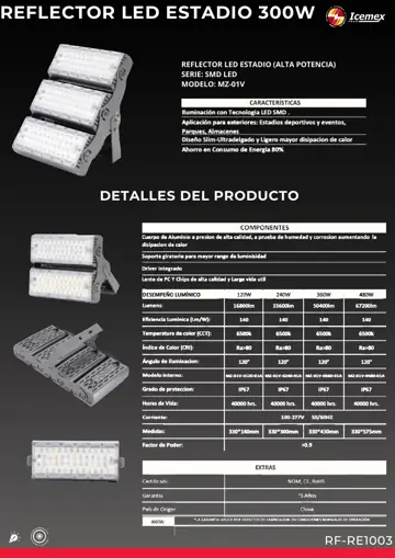 Ficha técnica de Reflector LED Estadio 300W (RF-RE1003), Catálogo ICEMEX 2026