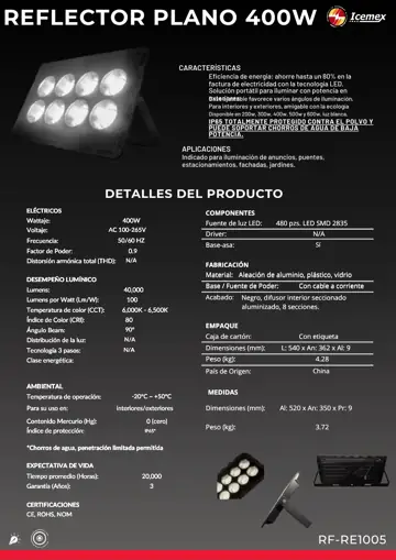 Ficha técnica de Reflector Plano 400W (RF-RE1005), Catálogo ICEMEX 2026