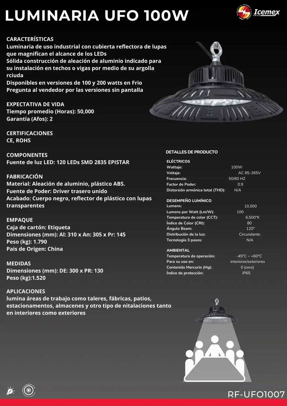 Ficha técnica de Luminaria Industrial UFO (RF-UFO1007), Catálogo ICEMEX 2026